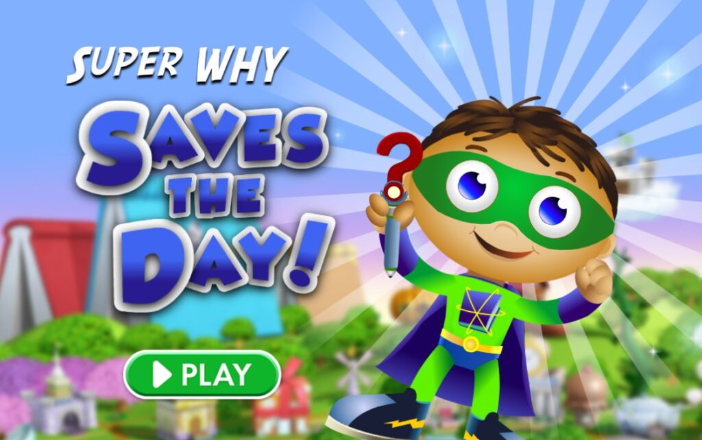 Super Why Saves the Day online game start screen shows the character Super Why smiling and flying in the air.