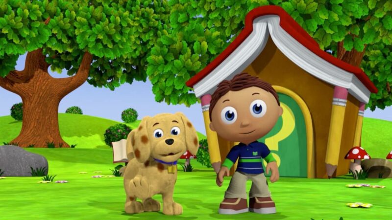 The PBS KIDS characters Super Why and Woofster the dog are standing outside.