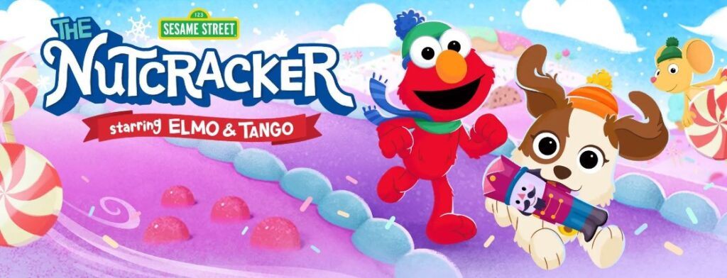 Elmo and his dog, Tango, run through a dreamy candy world. Text reads, The Nutcracker: Starring Elmo and Tango
