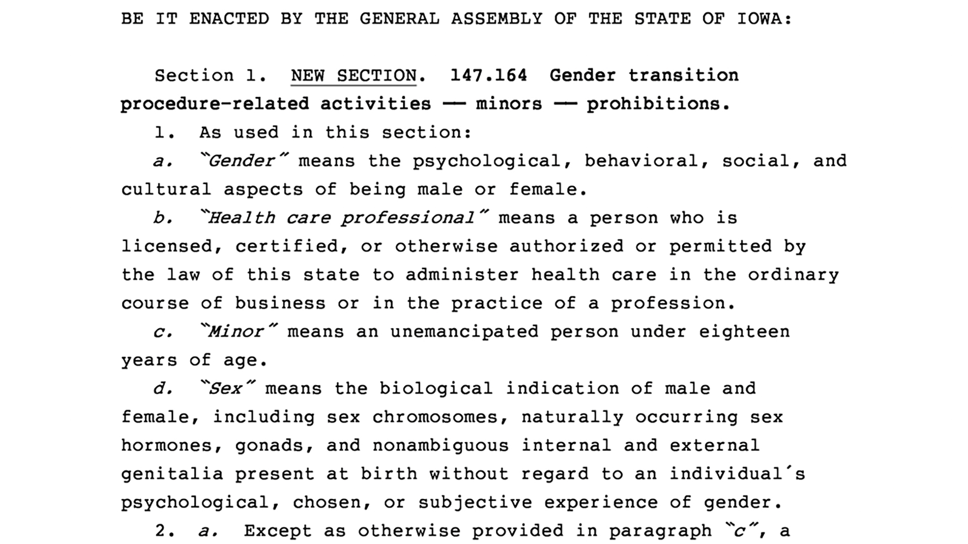 A screenshot of a portion of a bill begins with the text "BE IT ENACTED BY THE GENERAL ASSEMBLY OF THE STATE OF IOWA:" and follows with language that provide definitions of terms used in the legislation.