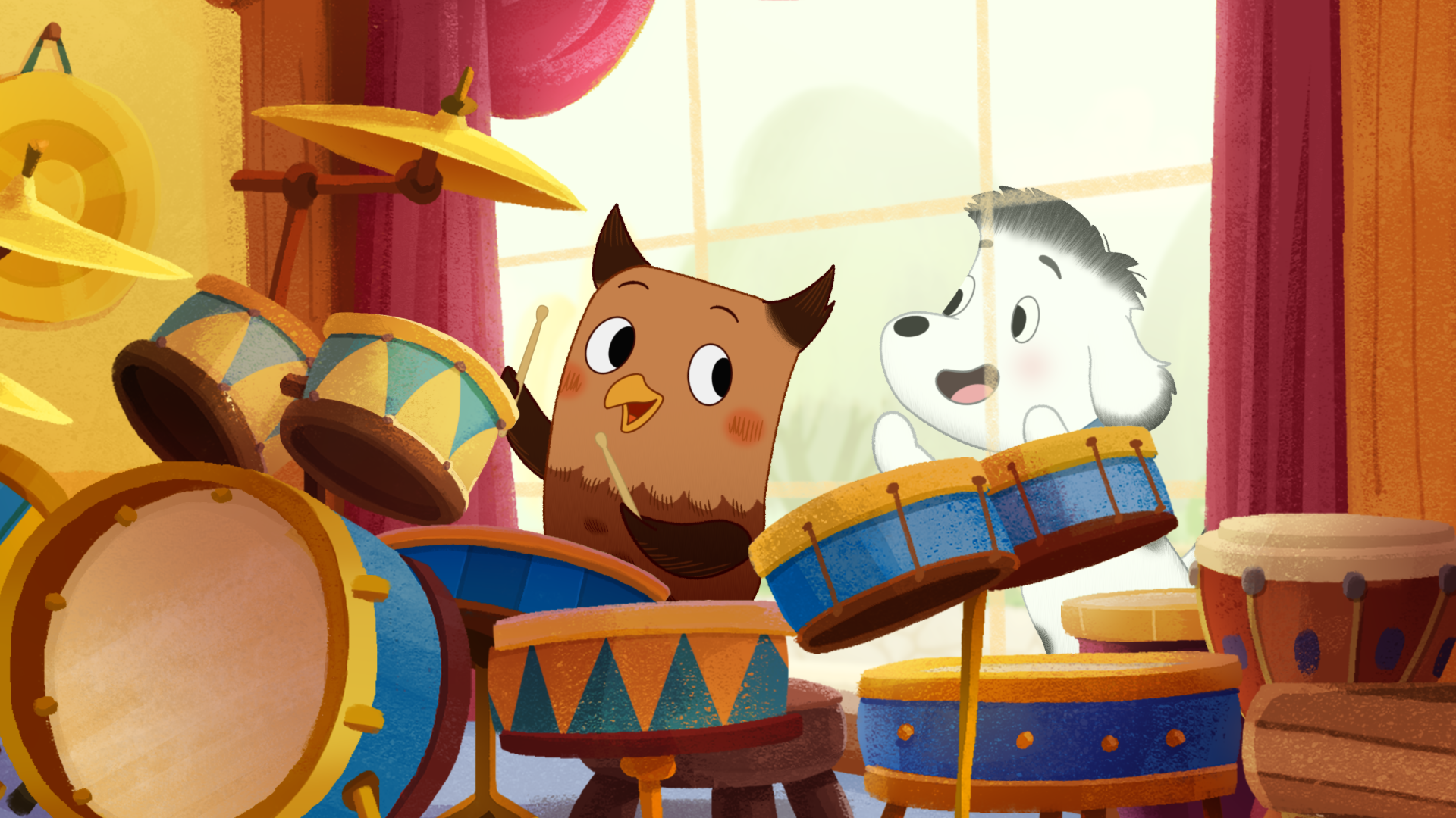 An animated owl plays on a drumset while a white and black dog cheers it on from outside a window.