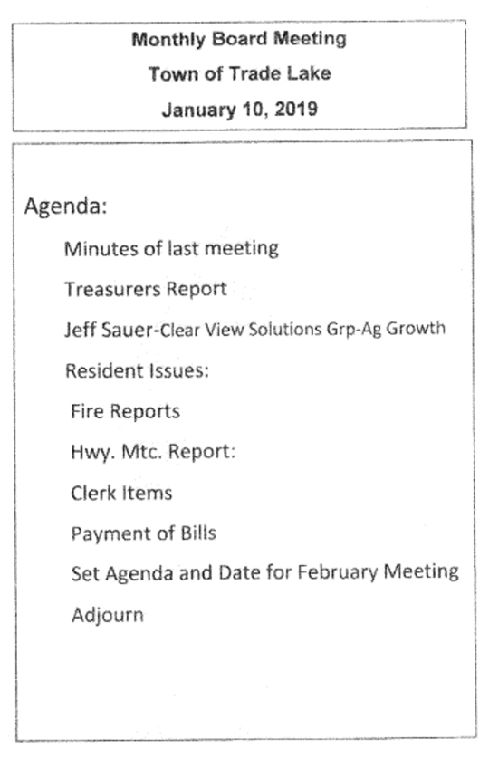 A document with the header text "Monthly Board Meeting," "Town of Trade Lake" and "January 10, 2019" shows a 10-item agenda.