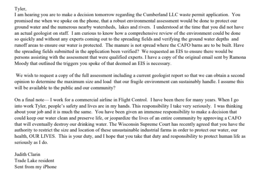 An image shows the text of an email starting "Tyler," and ending "Judith Clarin" and "Trade Lake Resident."