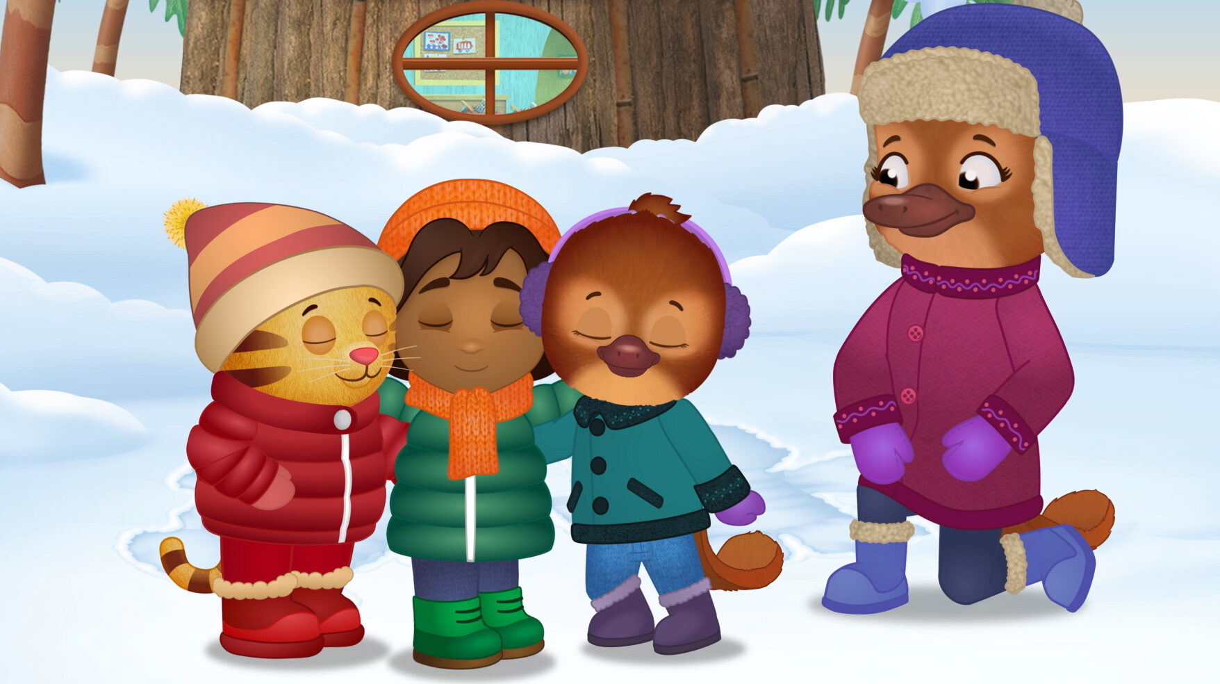 An illustration of animal characters in a group hug in the snow.