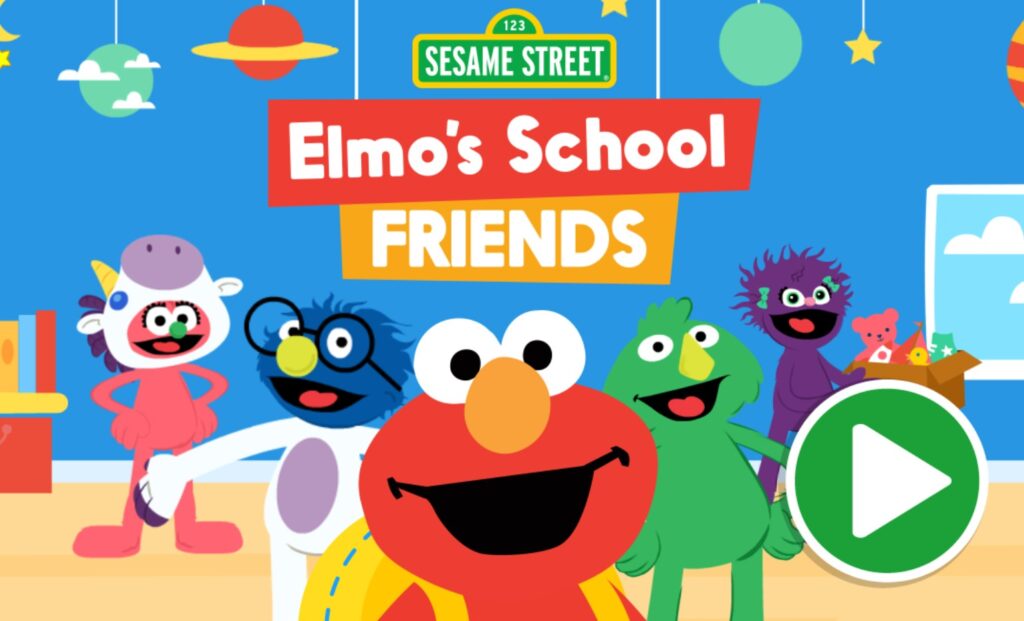 An illustration of Elmo and his classmates. Text reads "Elmo's School Friends."