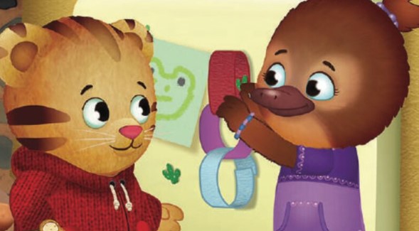An illustration of animal characters talking to one another. One is holding a small chain of paper loops.