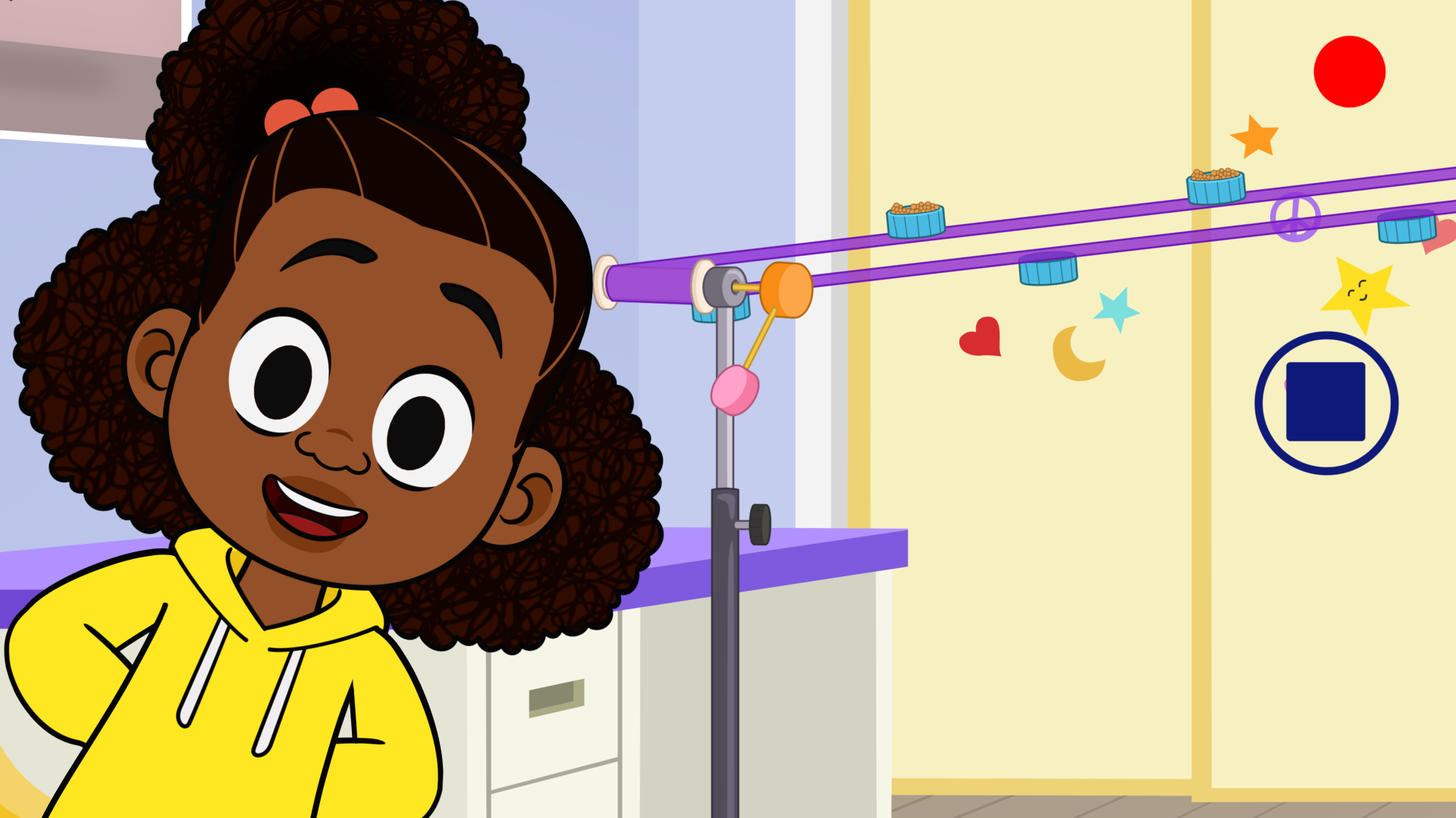 Cartoon image of a young Black girl wearing a yellow sweatshirt and smiling at the camera next to a display of planets and stars.