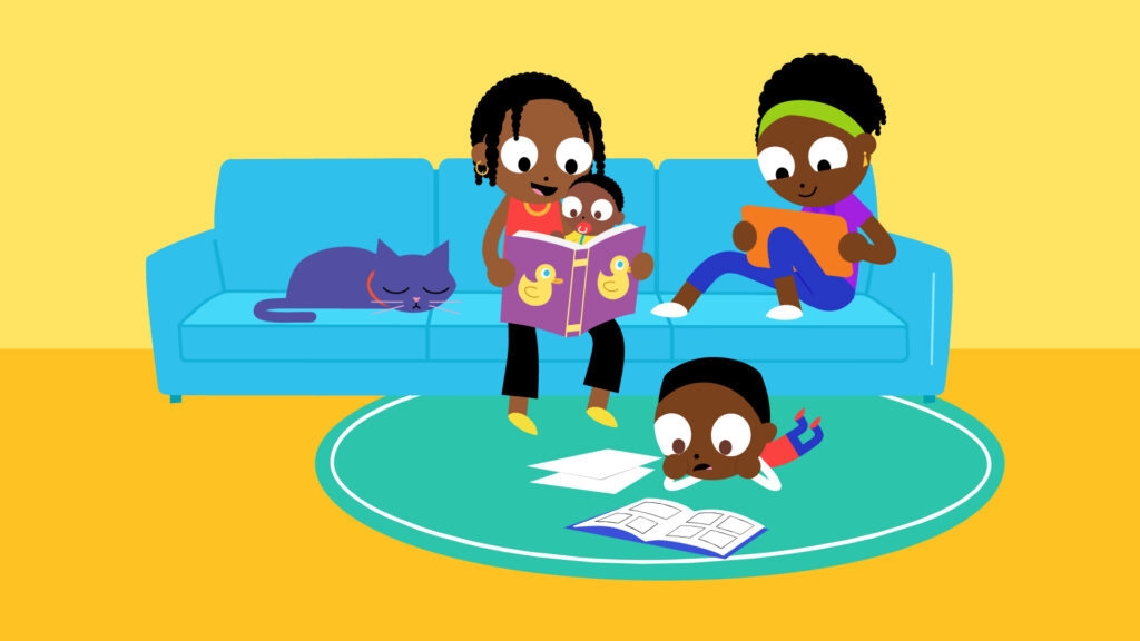 An illustration of a family reading in their living room.