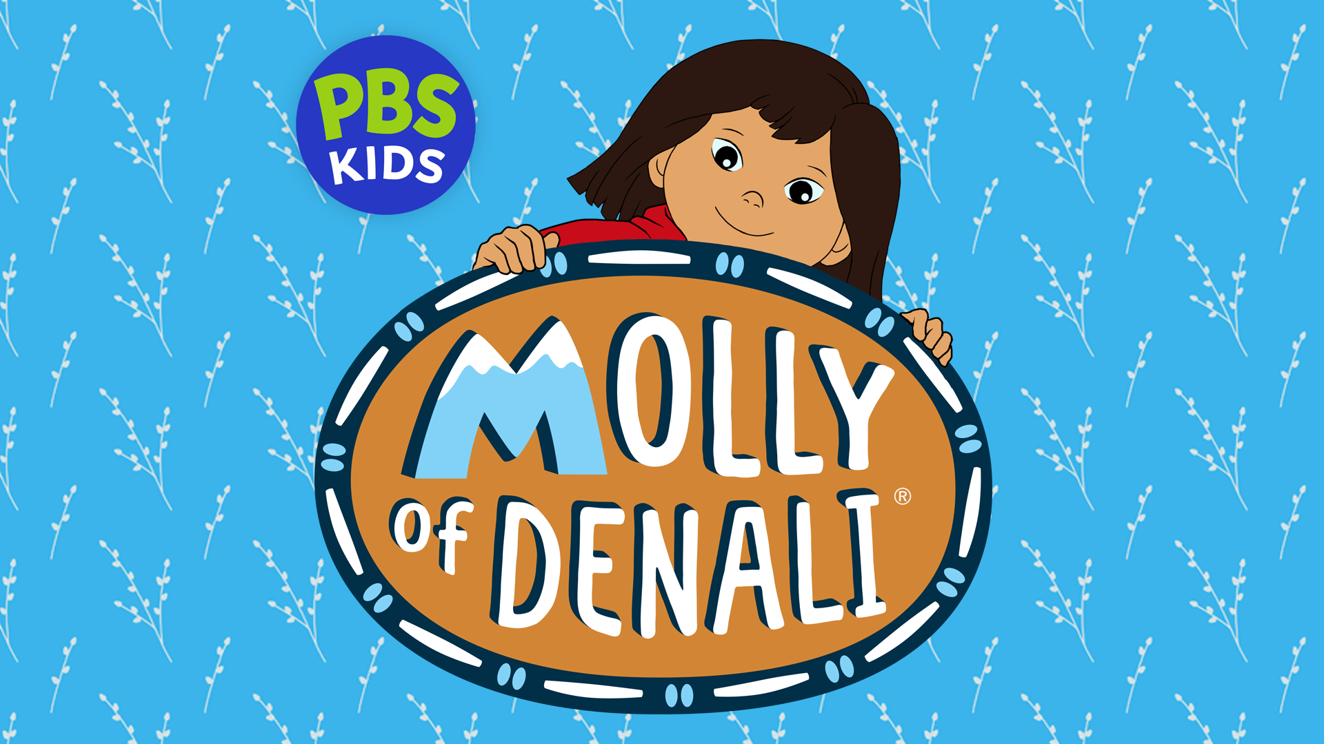 The character Molly of Denali peeks up from behind the Molly of Denali logo against a backdrop wheat pattern