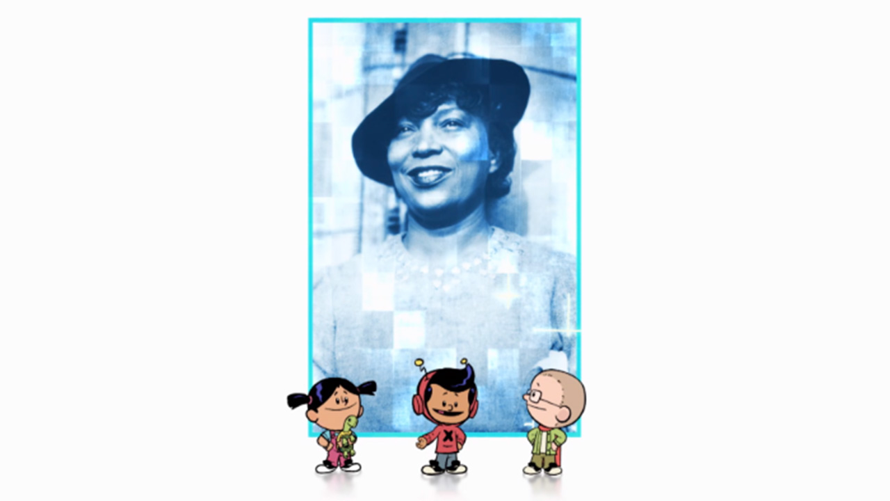 Characters from Xavier Riddle stand below a large photograph of the author Zora Neale Hurston