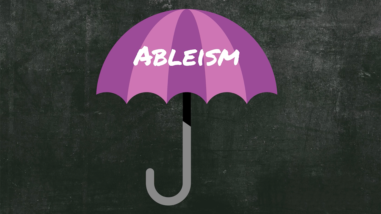 An illustration of a pink and purple umbrella with the word "Ablesim" scrawled across it against a chalkboard like textured gray background.