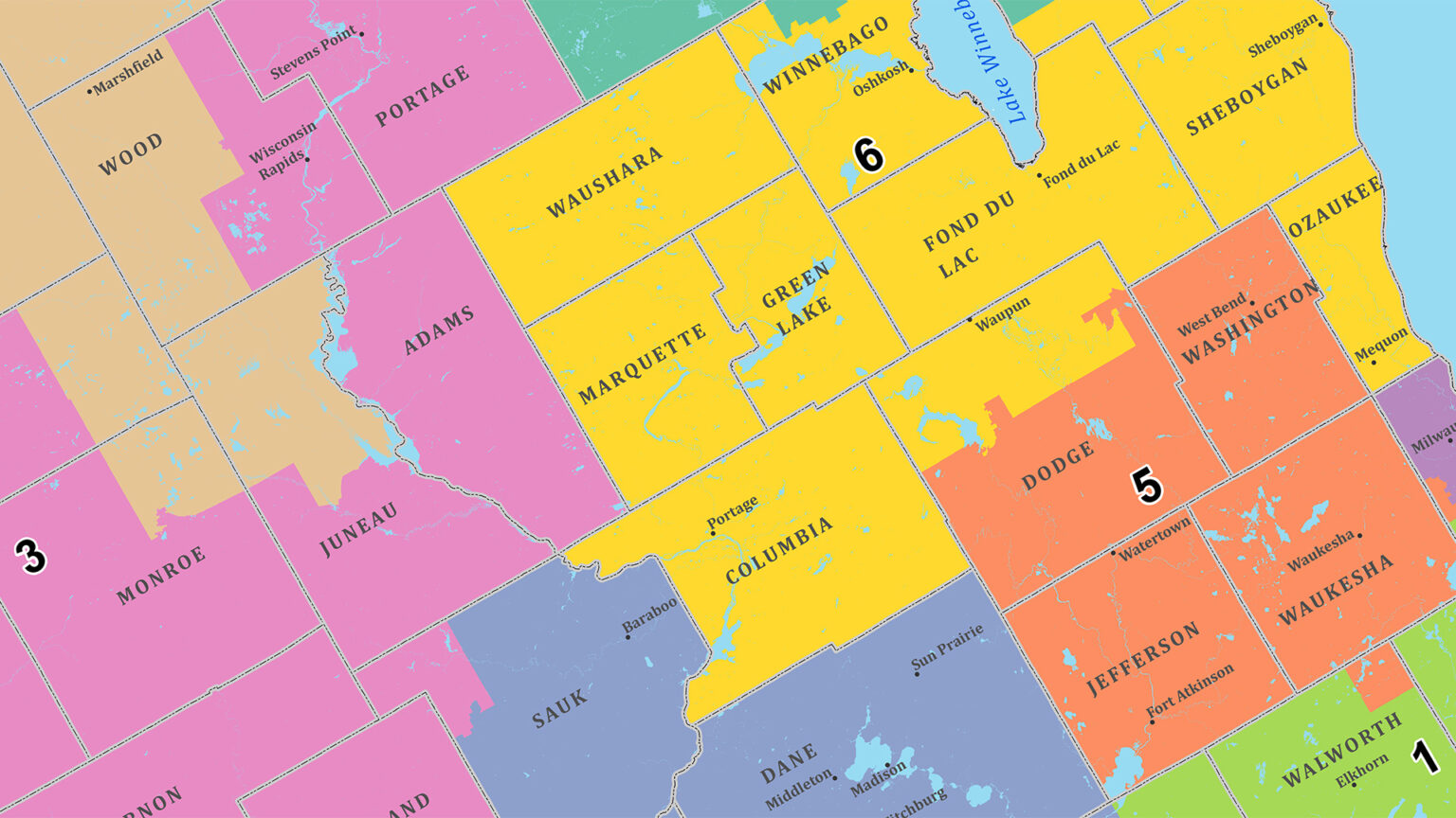 A portion of a map tilted at an angle shows the outlines of Wisconsin Congressional districts, with labels marking their numbers alongside county names and the locations of some larger municipalities in central and southeastern portions of the state.