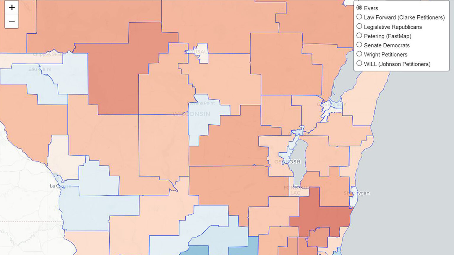 A map shows outlines of legislative districts in different shades of blue and red, with + and - zoom buttons at the upper left a key at the upper right showing options titled Evers, Law Forward (Clarke Petitioners), Legislative Republicans, Petering (FastMap), Senate Democrats, Wright Petitioners and WILL (Johnson Petitioners), with the first option selected.