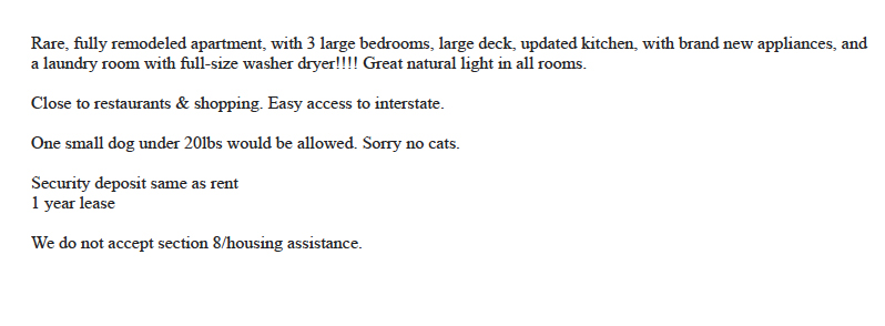 of a Craigslist ad describes a rental unit and ends with the line: "We do not accept section 8/housing assistance."