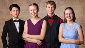 2024 Final Forte group. Left to right: André Peck, piano; Katarina Kenney, cello; Elliot Lesperance, marimba; and Jane Story, violin. Photo credit: James Gill.