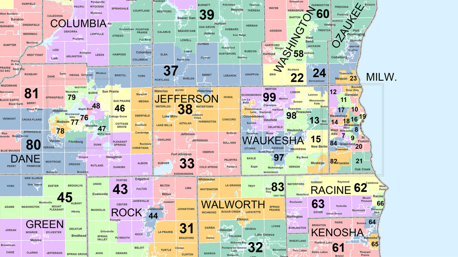 A portion of a map shows the outlines and municipalities included in Wisconsin Assembly districts in southern regions of the state.