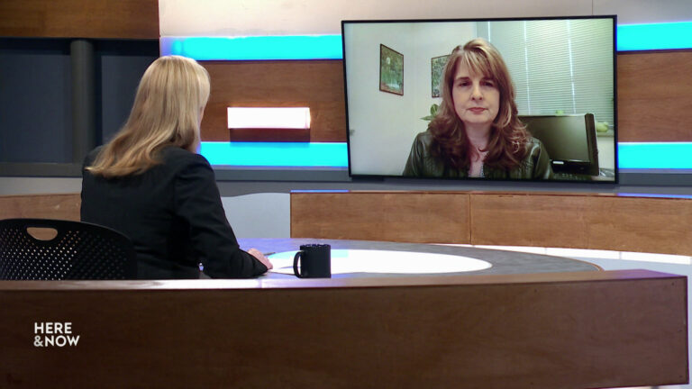Frederica Freyberg sits at a desk on the Here & Now set and faces a video monitor showing an image of Lisa Tollefson.