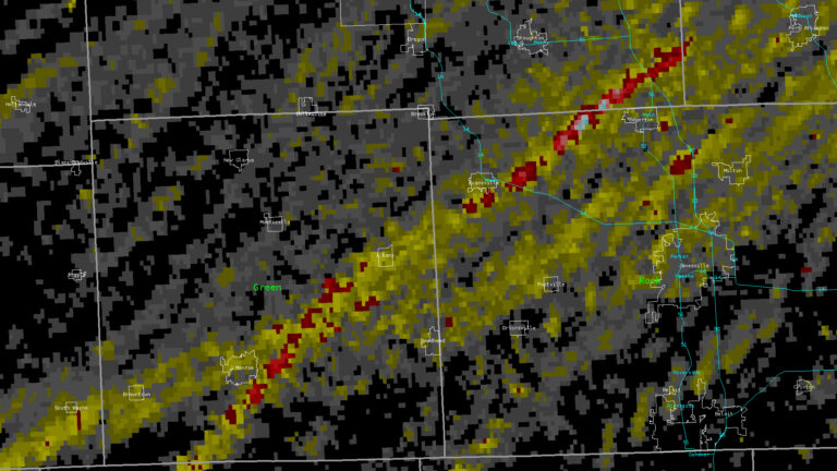 A radar image shows a map with outlines of counties, municipalities and several major roads, with areas shaded in gray, yellow, red and white indicating where low-level rotation was identified.