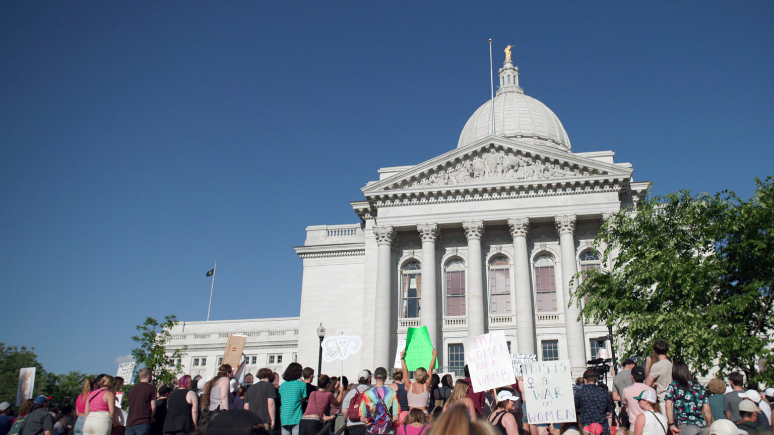 Protesters stand outside, with several holding hand-drawn signs, facing pillars, windows and a pediment on one wing of a multi-story masonry building topped with a dome and gilt statue.