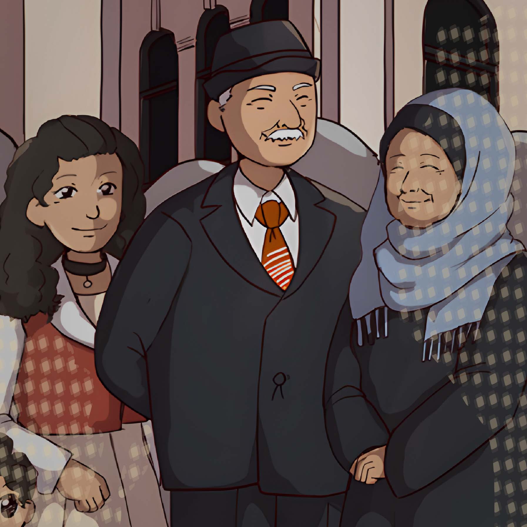 Illustration of a smiling elderly man in a suit and hat, with a young girl to his left and an elderly woman wearing a headscarf to his right.