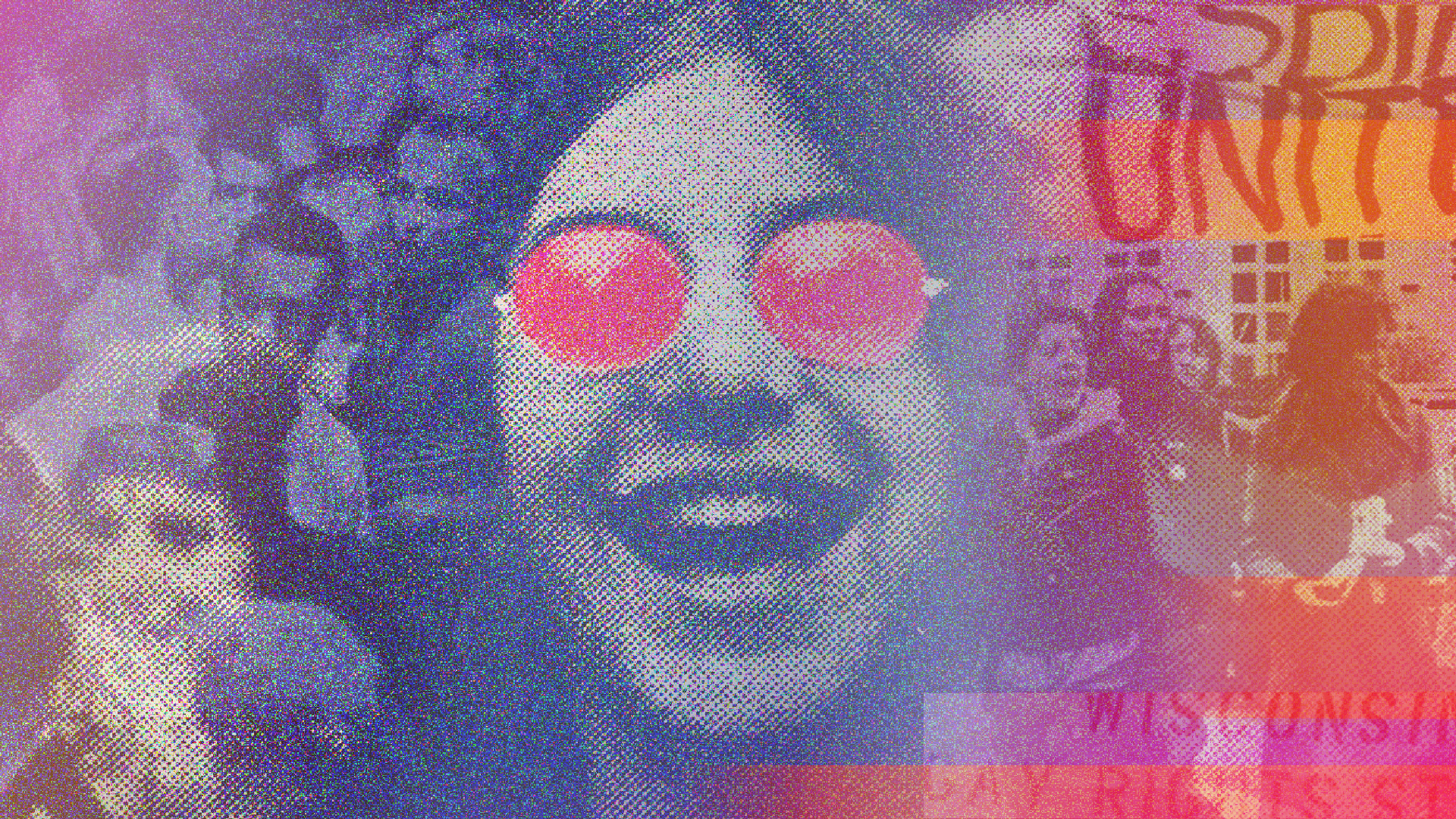 Overlay of a person with red-tinted sunglasses, amidst a crowd, with the phrases "LESBIANS UNITE!" and "WISCONSIN PRIDE" visible.