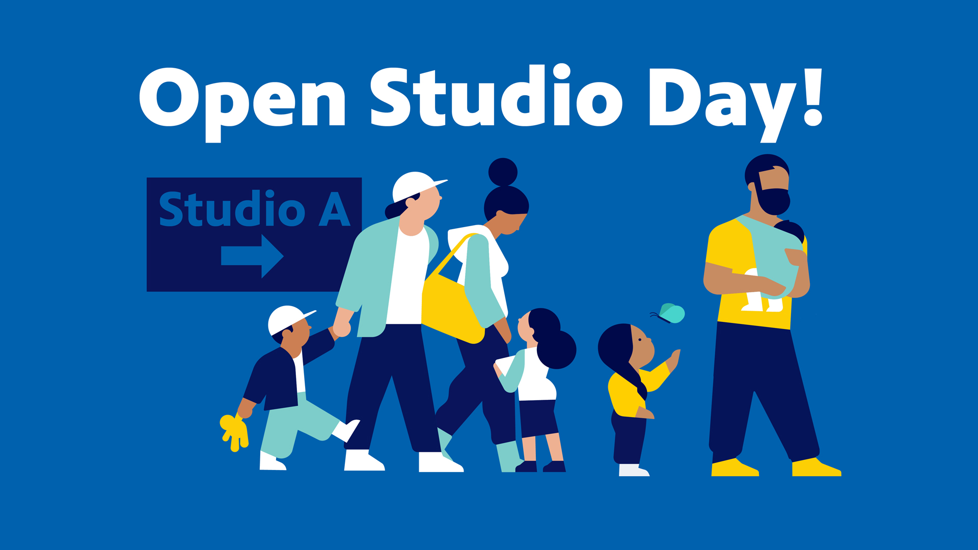 "Open Studio Day!" above a playful illustration of young, diverse families following a sign that reads "Studio A."