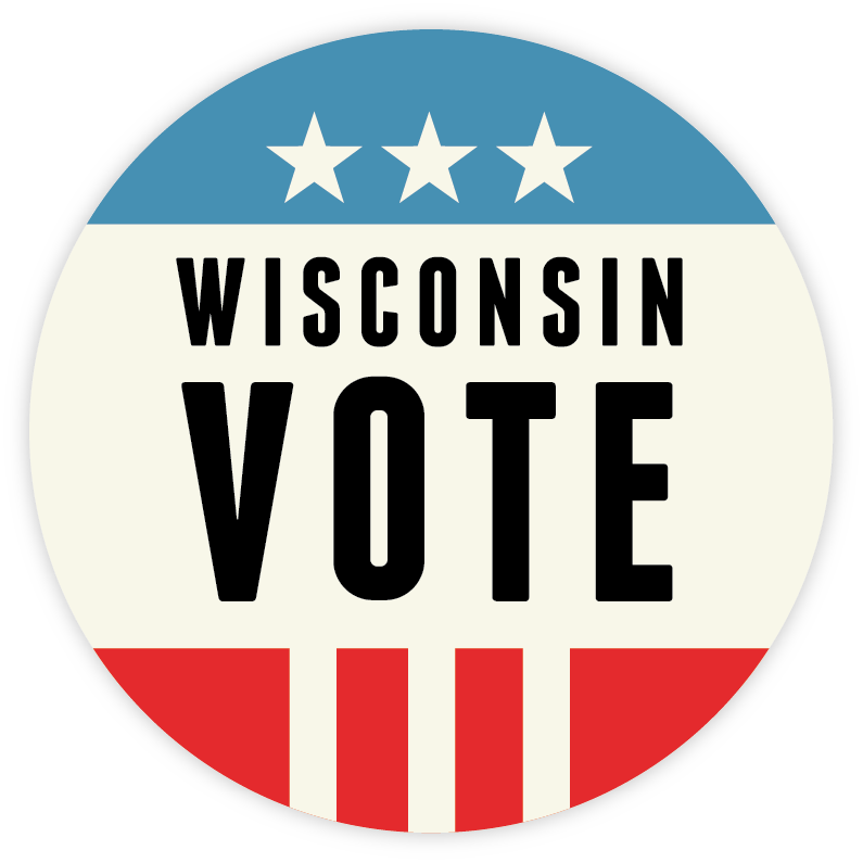 Round badge with "WISCONSIN VOTE" text, stars, and red and white stripes.