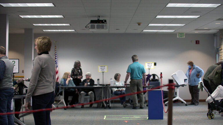Multiple people sit at tables, stand over voting machines and wait in queues in a room with a commercial carpet,  fluorescent ceiling lights and a U.S. flag.