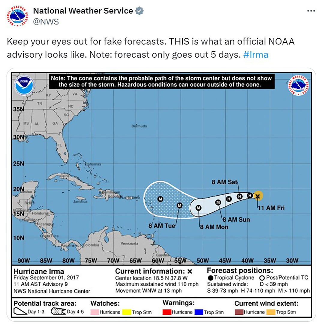 A screenshot of a Twitter post from the account @NWS with a profile image showing the logo of the National Weather Service shows a map of the western Atlantic Ocean, Caribbean Sea and Gulf of Mexico showing the path and projected future track of a hurricane, with a key noting the location of the storm's center, the status of watches and warnings, and the wind extent, with text reading "Keep your eyes out for fake forecasts. THIS is what an official NOAA advisory looks like. Note: forecast only goes out 5 days. #Irma"