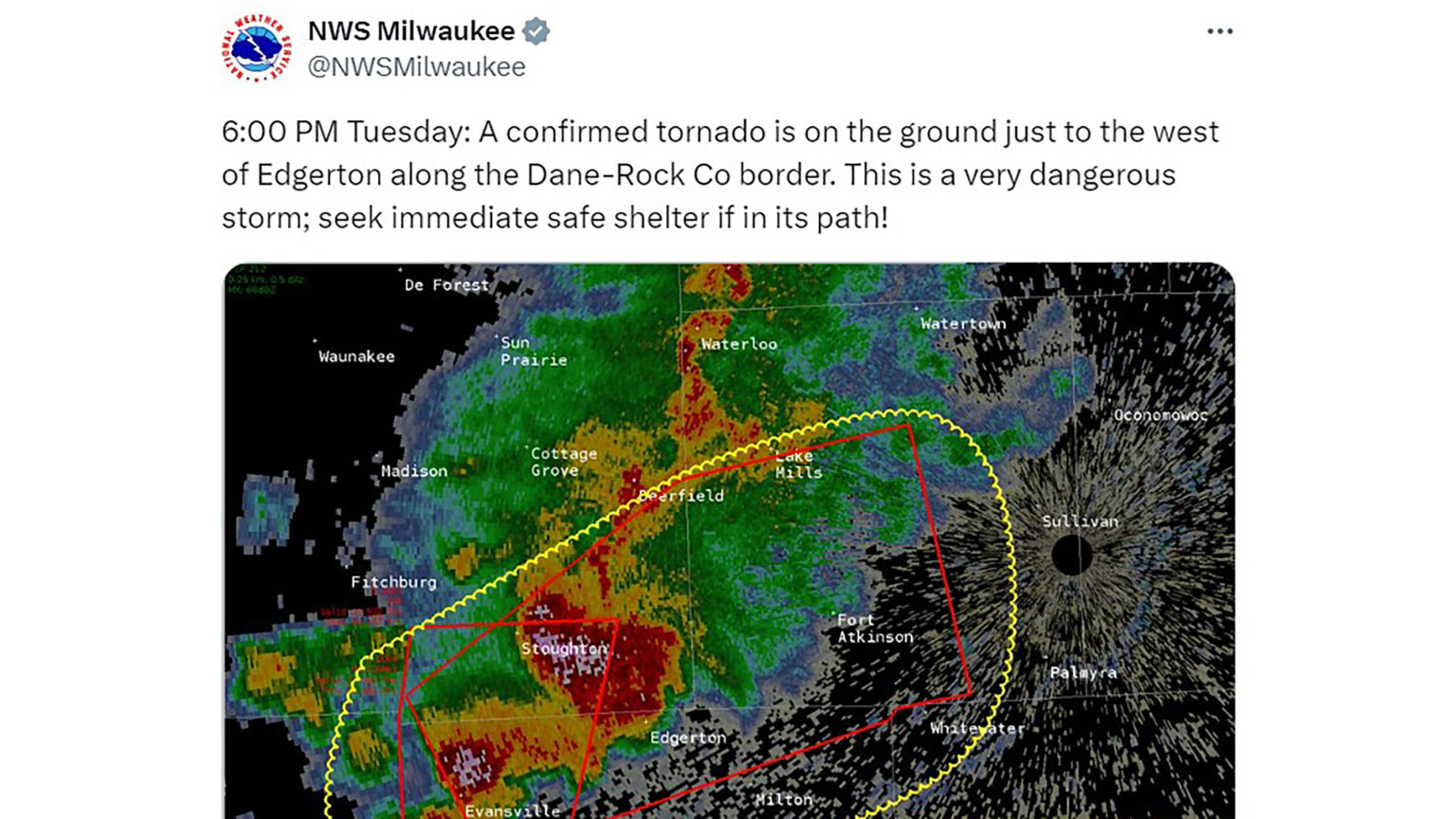 A screenshot of an X post from the account @NWSMilwaukee and with a profile image showing the logo of the National Weather Service shows a radar image of precipitation with different lines marking the projected path of an observed tornado, with text reading: 6:00 PM Tuesday: A confirmed tornado is on the ground just to the west of Edgerton along the Dane-Rock Co border. This is a very dangerous storm; seek immediate safe shelter if in its path!