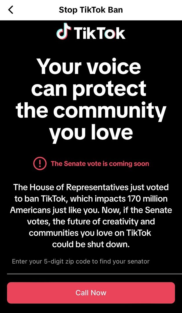 A smart phone screenshot shows the wordmark for TikTok, the headline copy "Your voice can protect the community you love," and other copy about a U.S. House vote on the service's ownership, with a button at the bottom reading "Call Now."