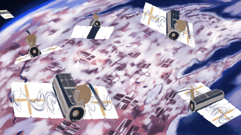 An illustration shows multiple satellites with a camera lens and solar panel wings aloft over a stylized rendition of Wisconsin and surrounding areas, with the outlines of Lake Superior above and Lake Michigan to the right, with rectangular patches of ground depicting farm fields.