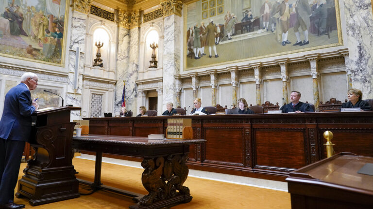 A man stands behind an ornate, carved wood podium and table and speaks while facing a judicial dais with Jill Karofsky, Rebecca Dallet, Ann Walsh Bradley Annette Ziegler, Rebecca Bradley, Brian Hagedorn and Janet Protasiewicz seated left to right in a row of high-backed leather chairs behind them, with another row of high-backed wood and leather chairs behind them, in a room with marble masonry, a U.S. flag and, large paintings on the rear and side walls.
