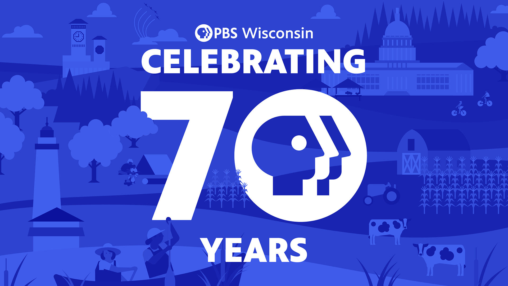 The PBS Wisconsin logo above "Celebrating 70 years" on a blue background of illustrated images that depict the charm and character of Wisconsin.