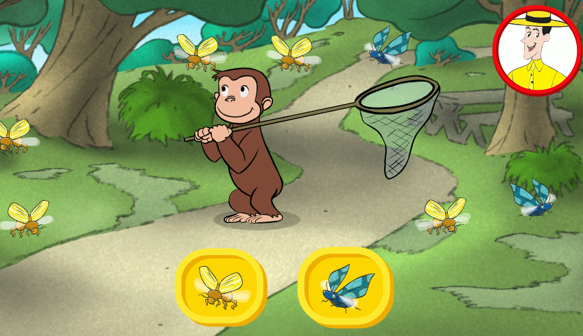 The animated character Curious George is standing on a path with a bug net over his shoulder.
