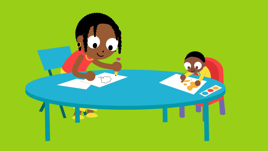 An illustration of a parent and child drawing together at a table.