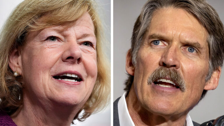 Two side-by-side close-up photos show Tammy Baldwin and Eric Hovde speaking.