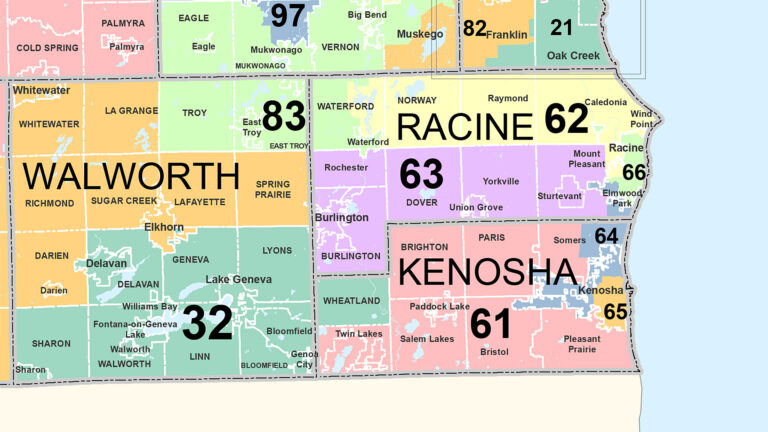 A portion of a map shows the outlines and municipalities included in Wisconsin Assembly districts in Racine County and surrounding areas.