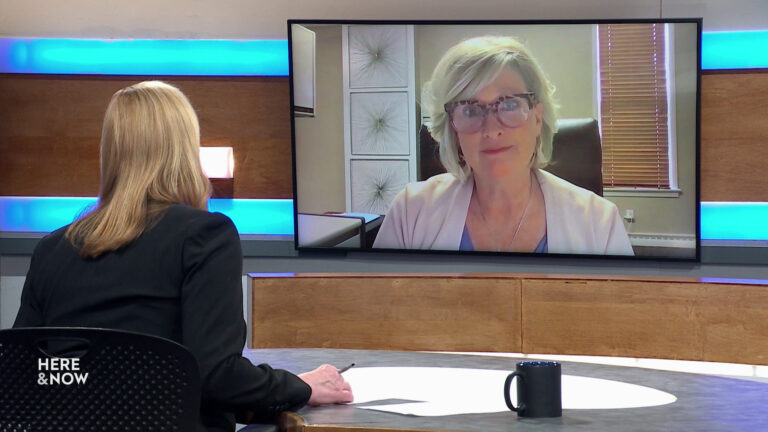 Frederica Freyberg sits at a desk on the Here & Now set and faces a video monitor showing an image of Cindy Boyle.