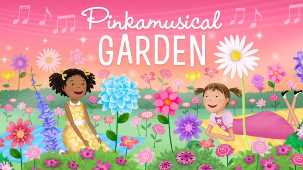 A pink and colorfully illustrated landscape features Pinkalicious and Jasmine smiling among flowers.