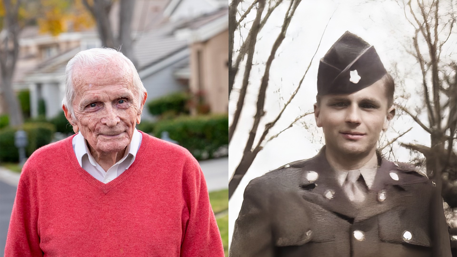 Side by side images of a World War II veteran today and during service.