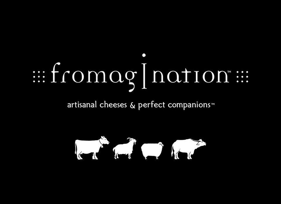 Fromagination written in large white text on black background with 'Artisan cheeses and Perfect companions' below it in smaller font. At the bottom are white silhouettes of a cow, goat, pig and steer.