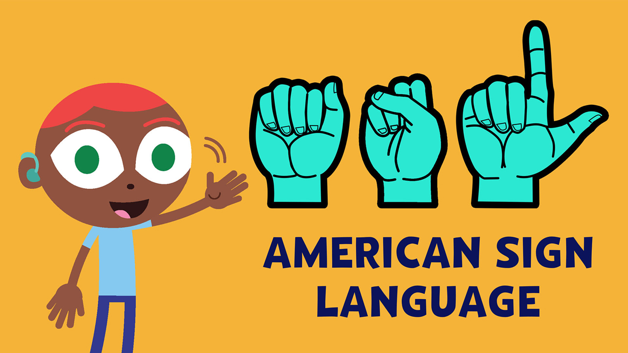 An illustrated PBS kid waves next to large, bright hand icons gesturing the letters, "ASL," with the text, "American Sign Language" below.