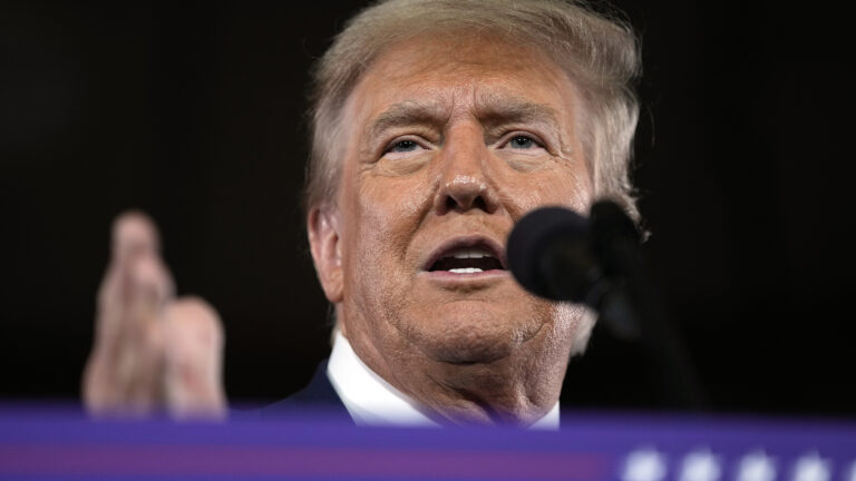 Donald Trump speaks while gesturing with his right hand, which is out-of-focus in the foreground alongside a microphone and the top of a campaign poster.