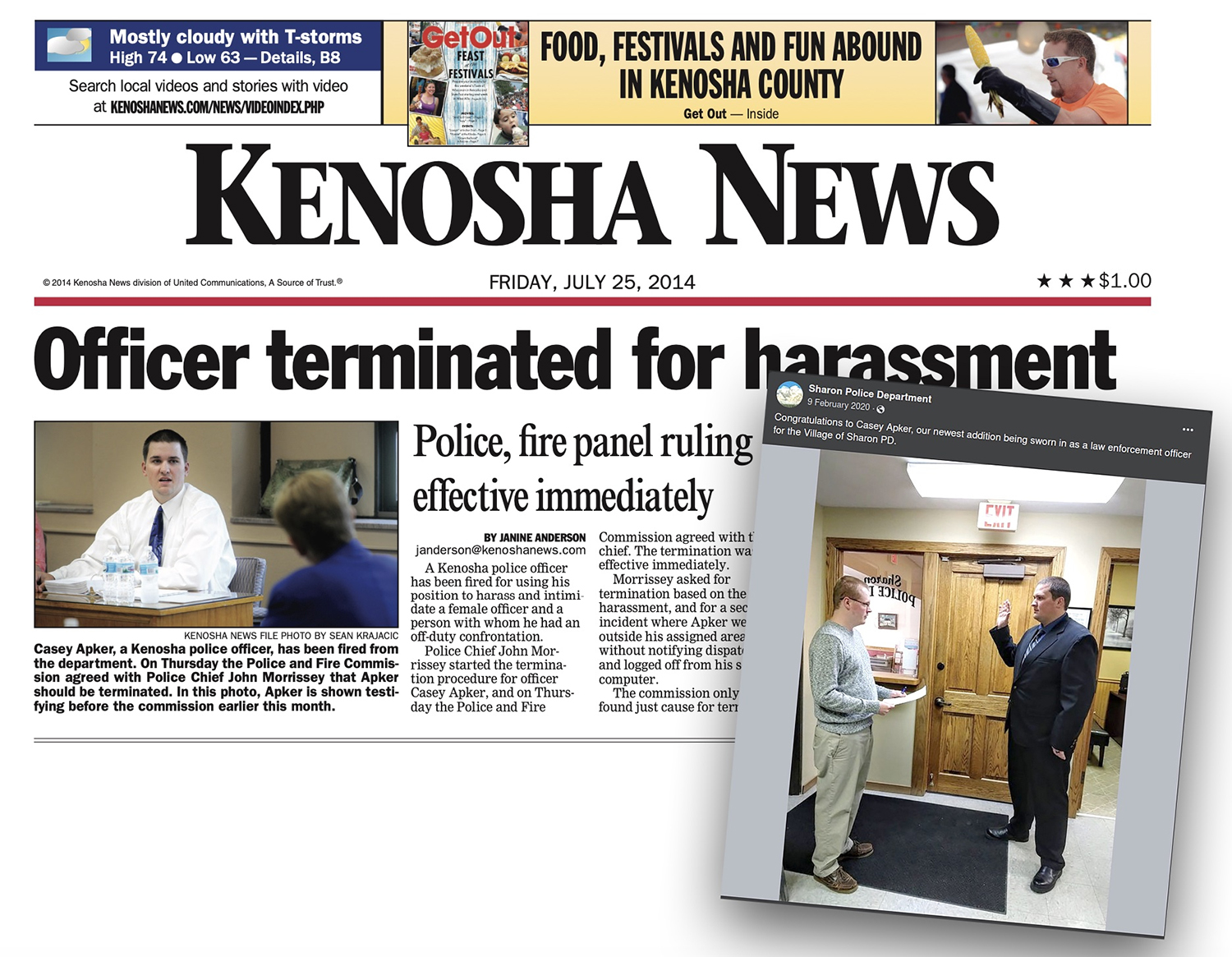 An image showing the front page of the Friday, July 25, 2014 edition of the "Kenosha News" leads with the headline "Officer terminated for harassment" and the sub-headline "Police, fire panel ruling effective immediately."