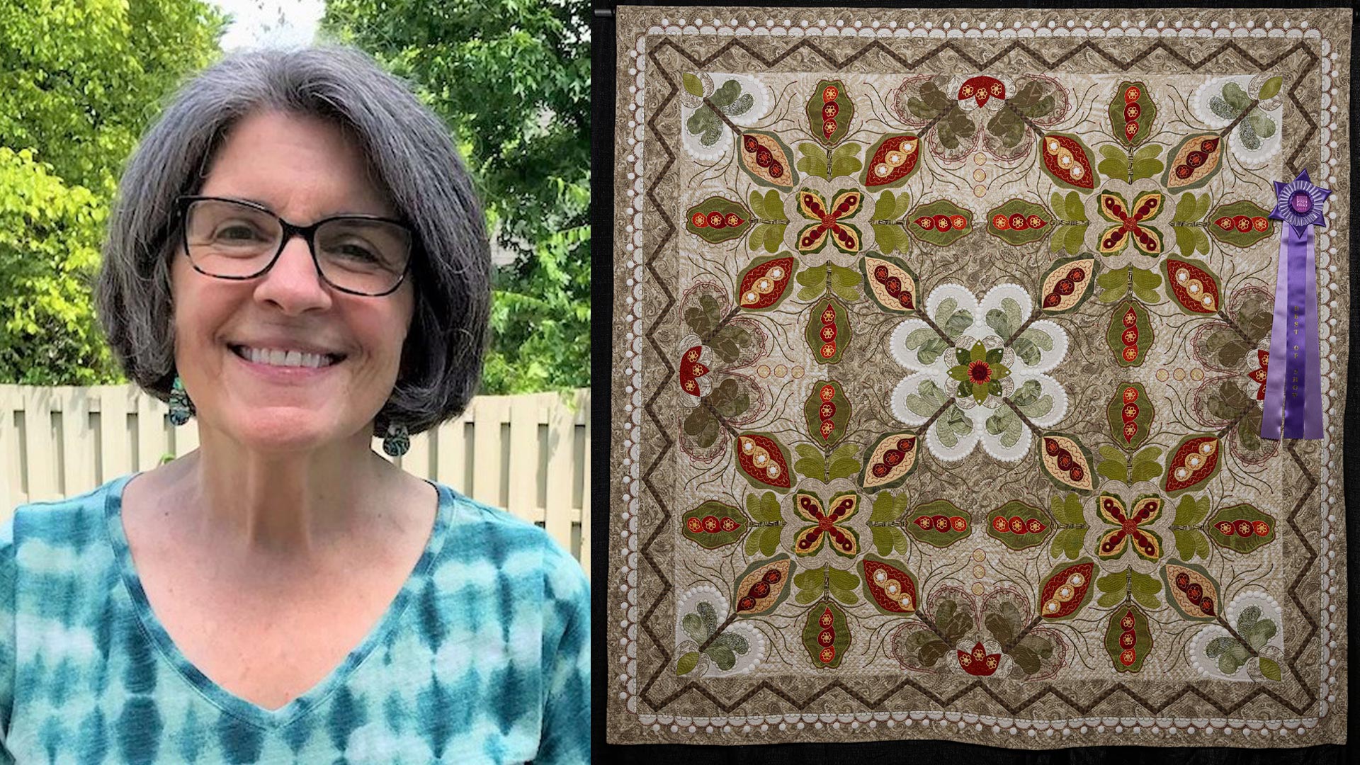 Linda Roy, The Great Wisconsin Quilt Show 2023 Best of Show Quilt Contest winner, next to her winning quilt, "The Crossing," with greens, reds and browns.