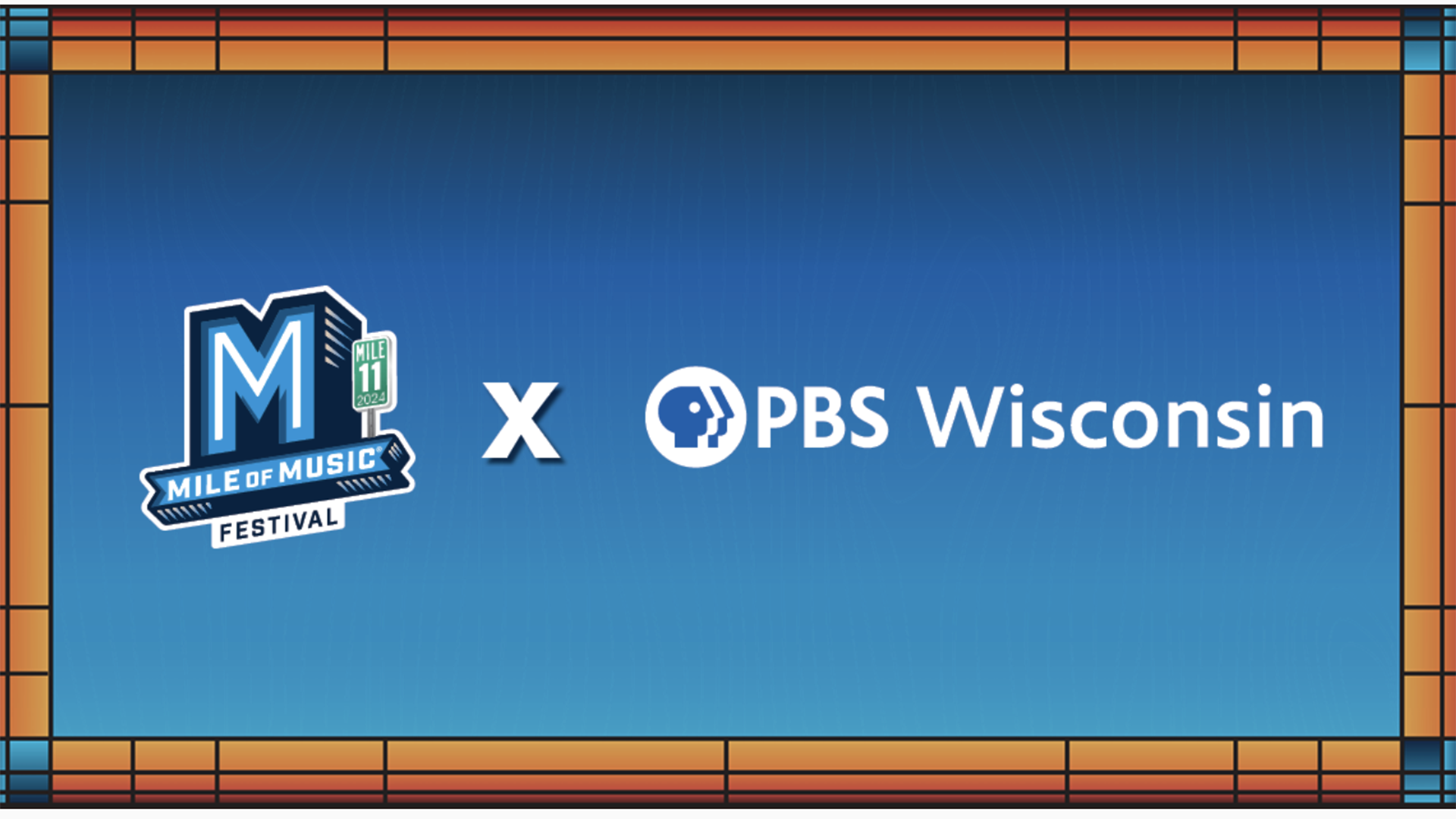 Blue banner with Mile of Music Festival logo and PBS Wisconsin logo.