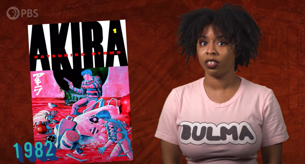 A woman is speaking to the camera. Next to her is an image of the cover of the book Akira.