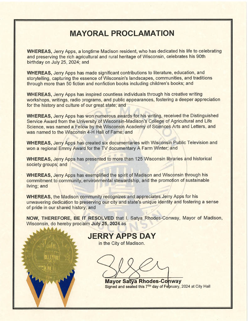 Proclamation for "Jerry Apps Day" on July 25, 2024 from City of Madison Mary Satya Rhodes-Conway.