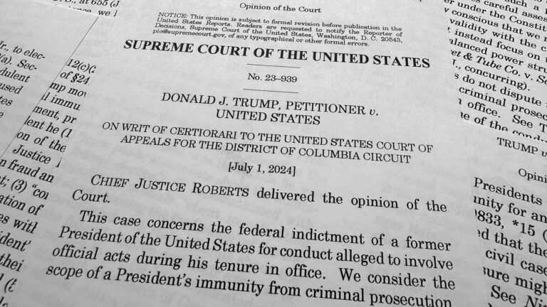 The first page of a document shows the bolded text Supreme Court of the United States, a case number, Donald J. Trump, Petitioner v. United States, On Writ of Certiorari to the United States Court of Appeals for the District of Columbia Circuit, a date and the opening text of a court ruling.